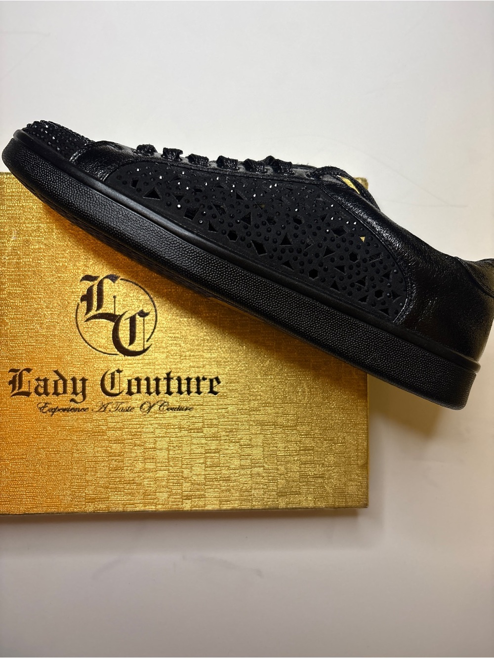 Lady couture Paris black rhinestone studded lace up shimmer sneakers sz 41